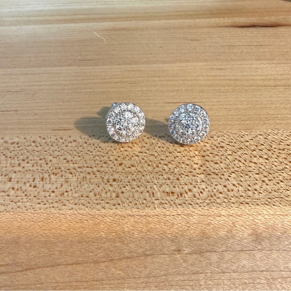 Diamond Cluster Halo Round Stud Earrings - Silver Tone